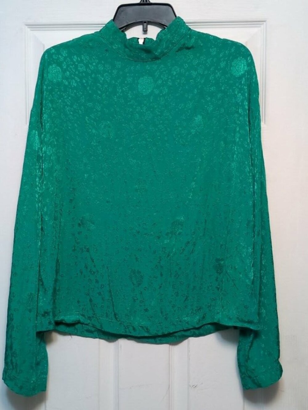 Topshop Jade Green Jacquard High Neck Sz 6 Blouse Satin Kimono Sleeve 90s Y2K